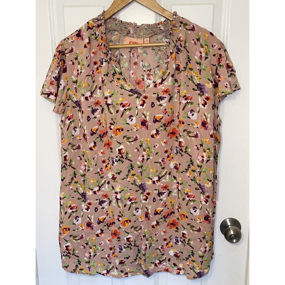 EVRI Women’s Cap Sleeve Brown Floral Tunic 50x29 Cottagecore Woven‎ Size 2X